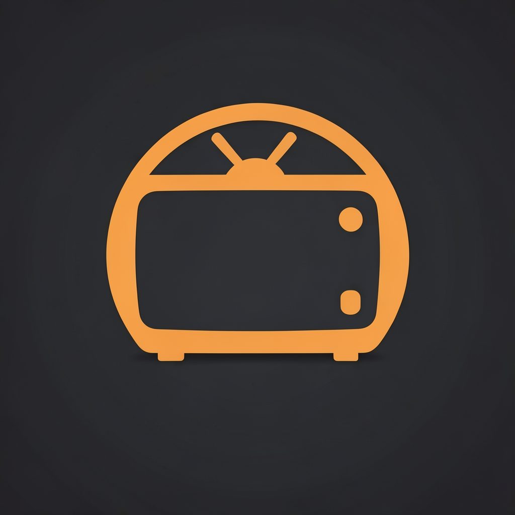 A simple circular emblem in warm orange and charcoal tones, evoking a television screen silhouette against a dark background