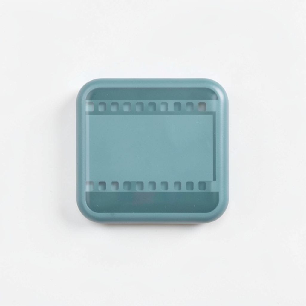 A small rounded badge in muted teal with a filmstrip pattern, evoking Colors TV style