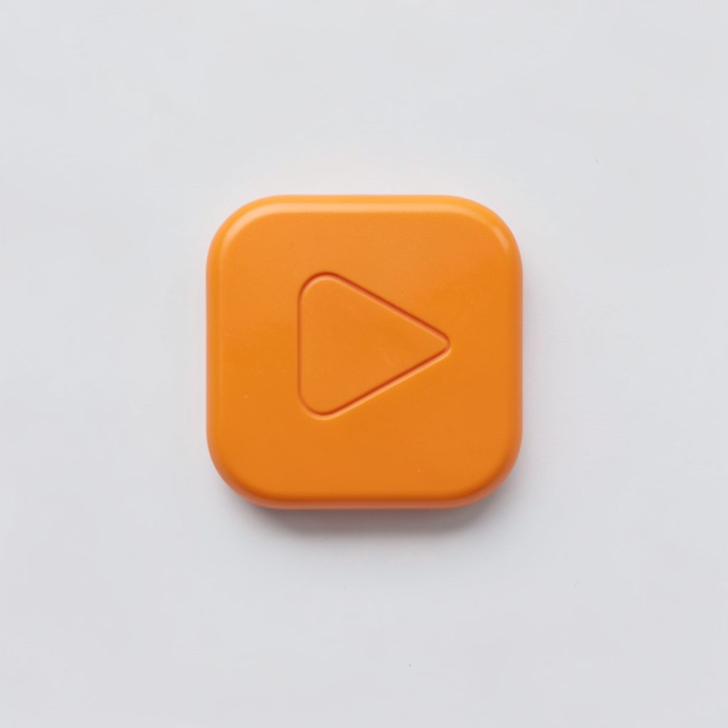 A small rounded badge in warm orange with a subtle play-button icon, suggesting video streaming