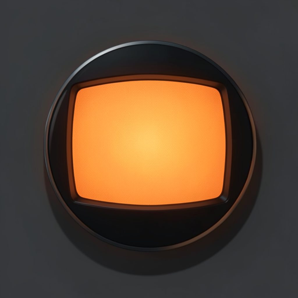 Circular logo in warm orange and deep charcoal tones, evoking a television screen glow