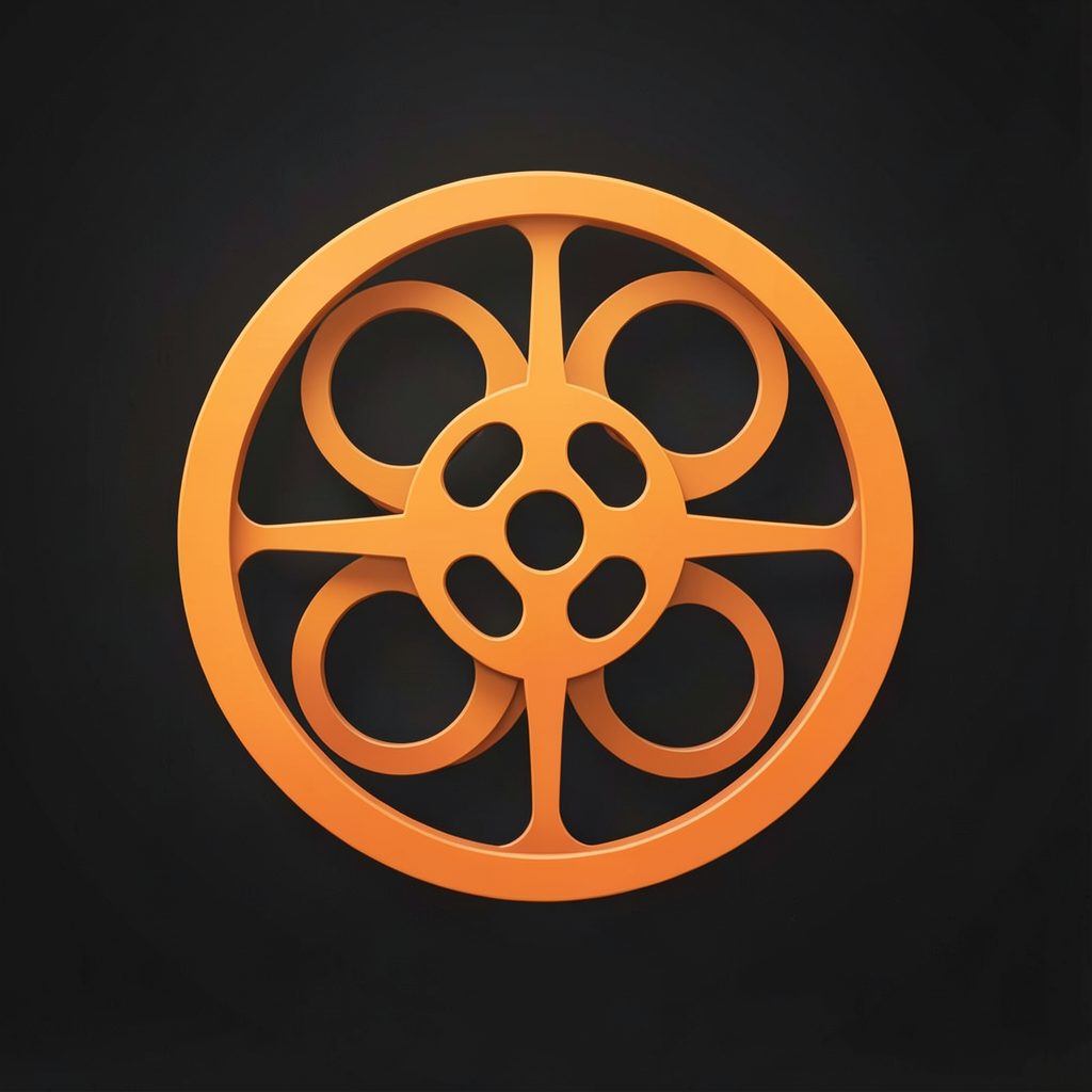 Circular logo in warm orange tones with a subtle film-reel motif, set against a dark background