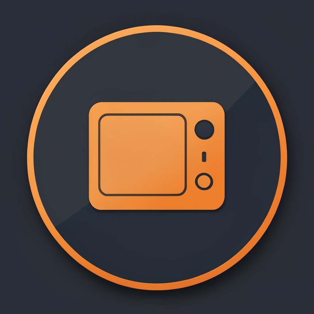 Circular logo with warm orange and deep charcoal tones, featuring a stylized television screen icon