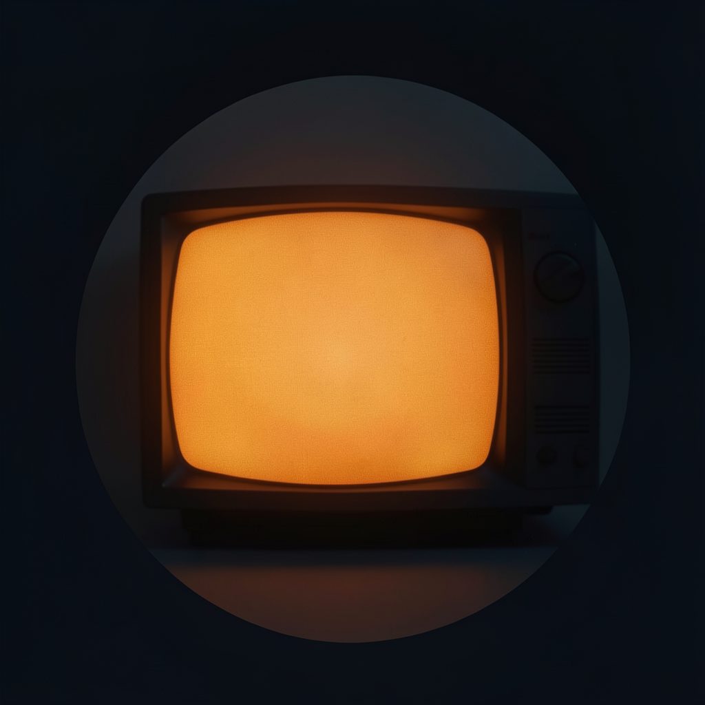 Circular logo with warm orange and deep charcoal tones, evoking a television screen glow against a dark background
